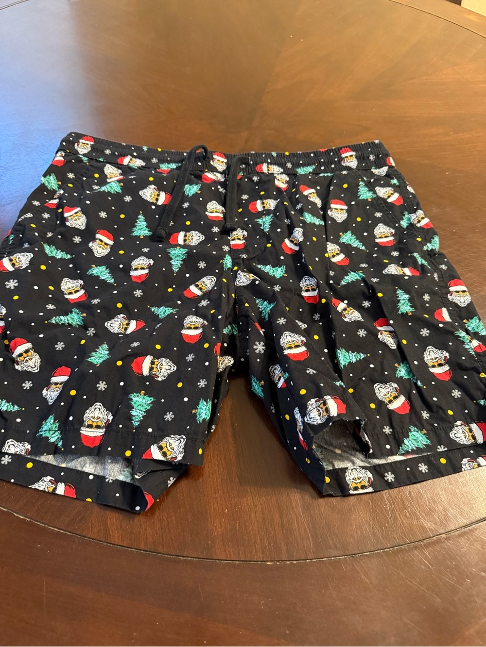 Denim & Flower Black Holiday Print Drawstring Shorts with Red and Green Details